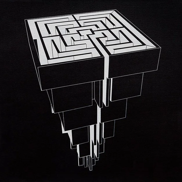 Dibujo de un laberinto en perspectiva tridimensional flotando sobre un fondo negro.