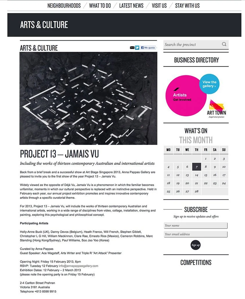 Información sobre la exposición de arte Proyecto 13 - Jamais Vu en la Galería Anna Pappas, con detalles del evento y lista de artistas participantes.