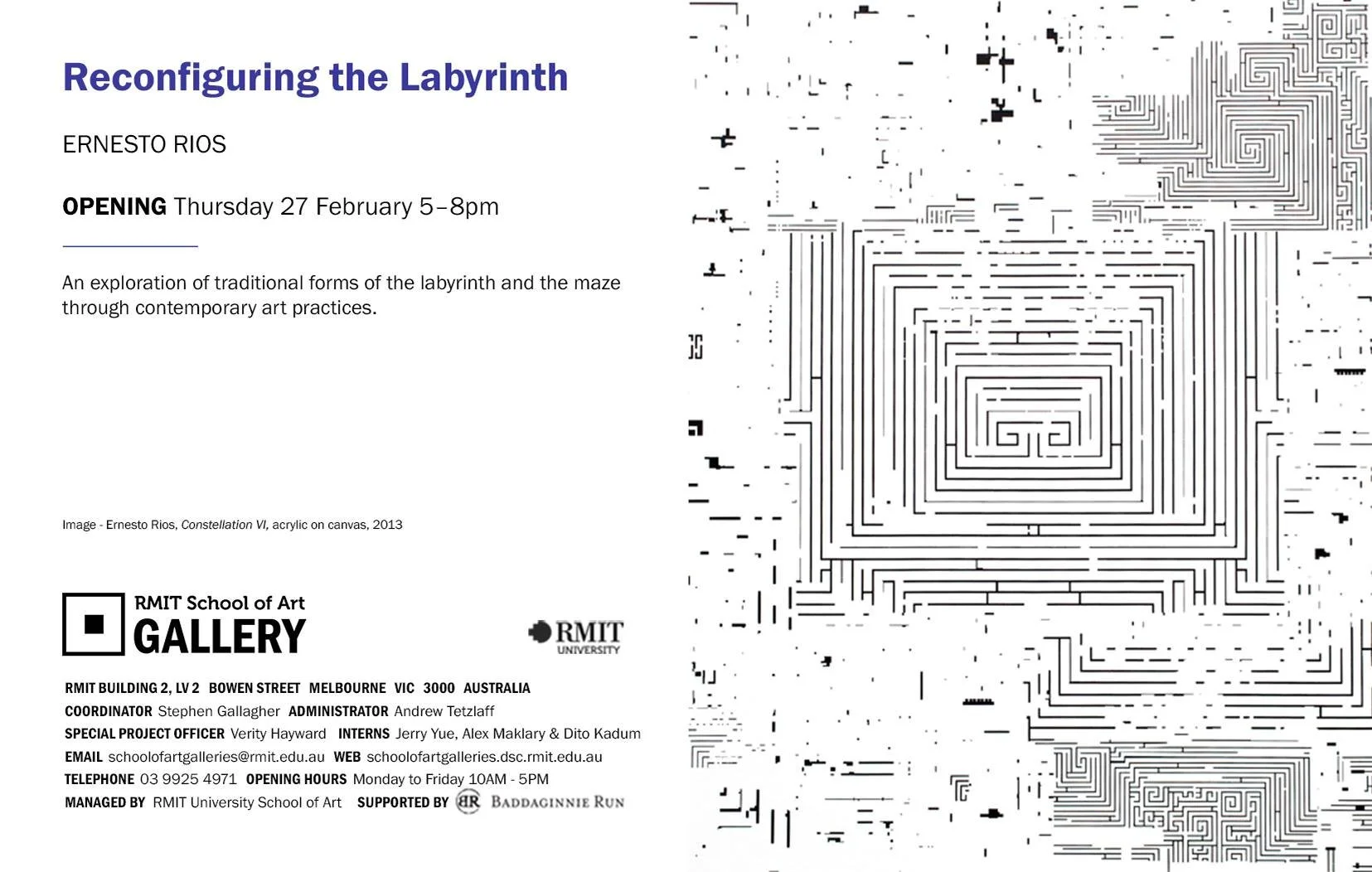 Invitación a una exposición titulada 'Reconfigurando el laberinto' por Ernesto Ríos, con detalles de fecha y hora, y una obra de arte en líneas negras en forma de laberinto acrílico en lienzo de 2013.