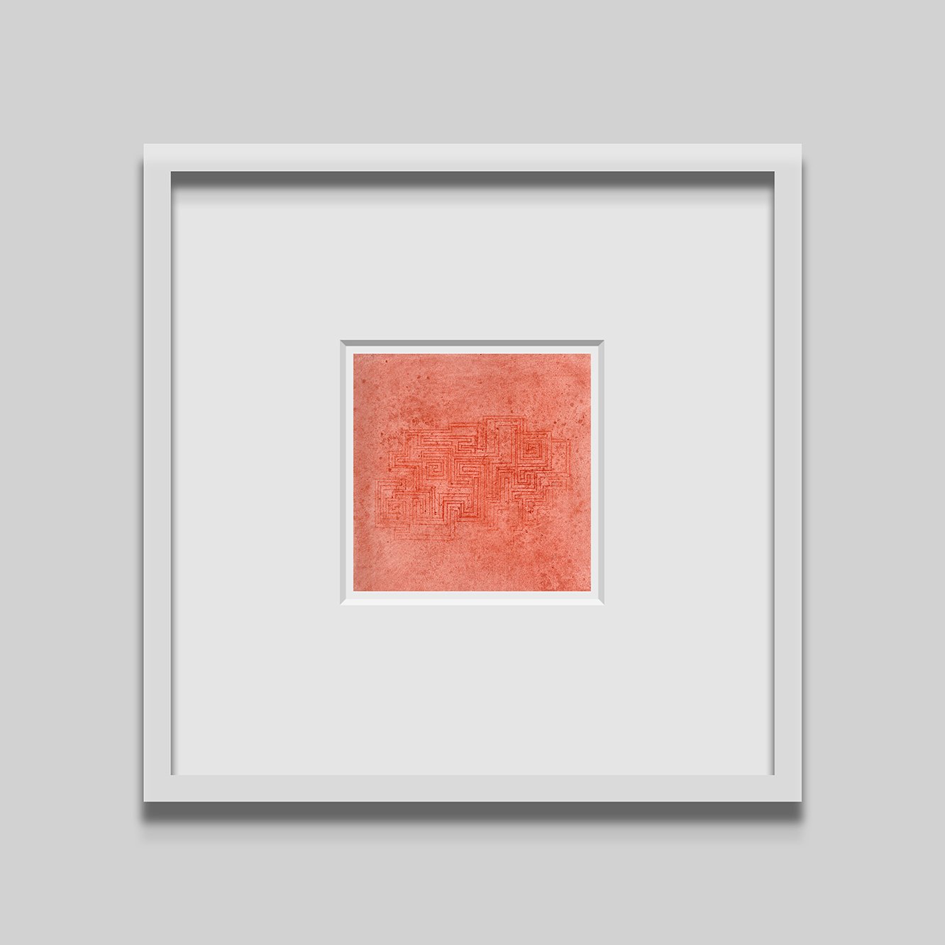 Ernesto Ríos. Arte. Cuadro enmarcado con diseño geométrico en relieve, en color rojo anaranjado sobre fondo blanco.