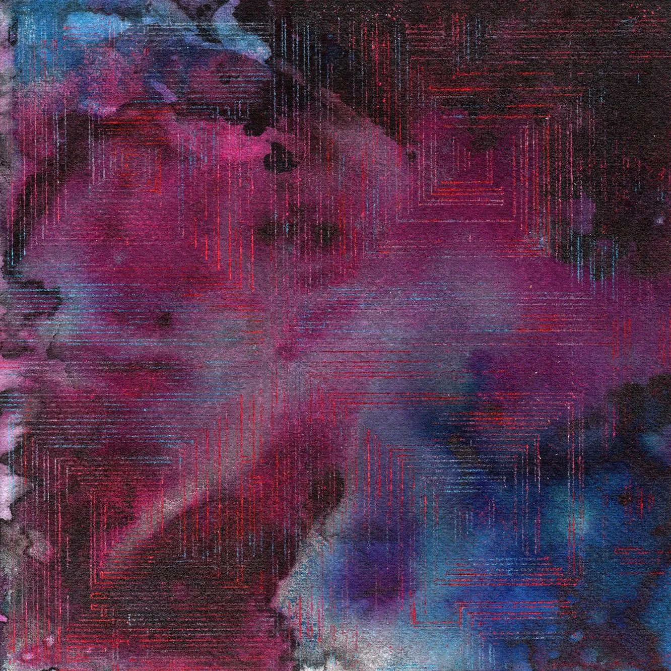 Ernesto Ríos. Arte. Arte abstracto con tonos de azul, púrpura y negro, y líneas finas rojas formando patrones geométricos sobre un fondo oscuro y texturizado.