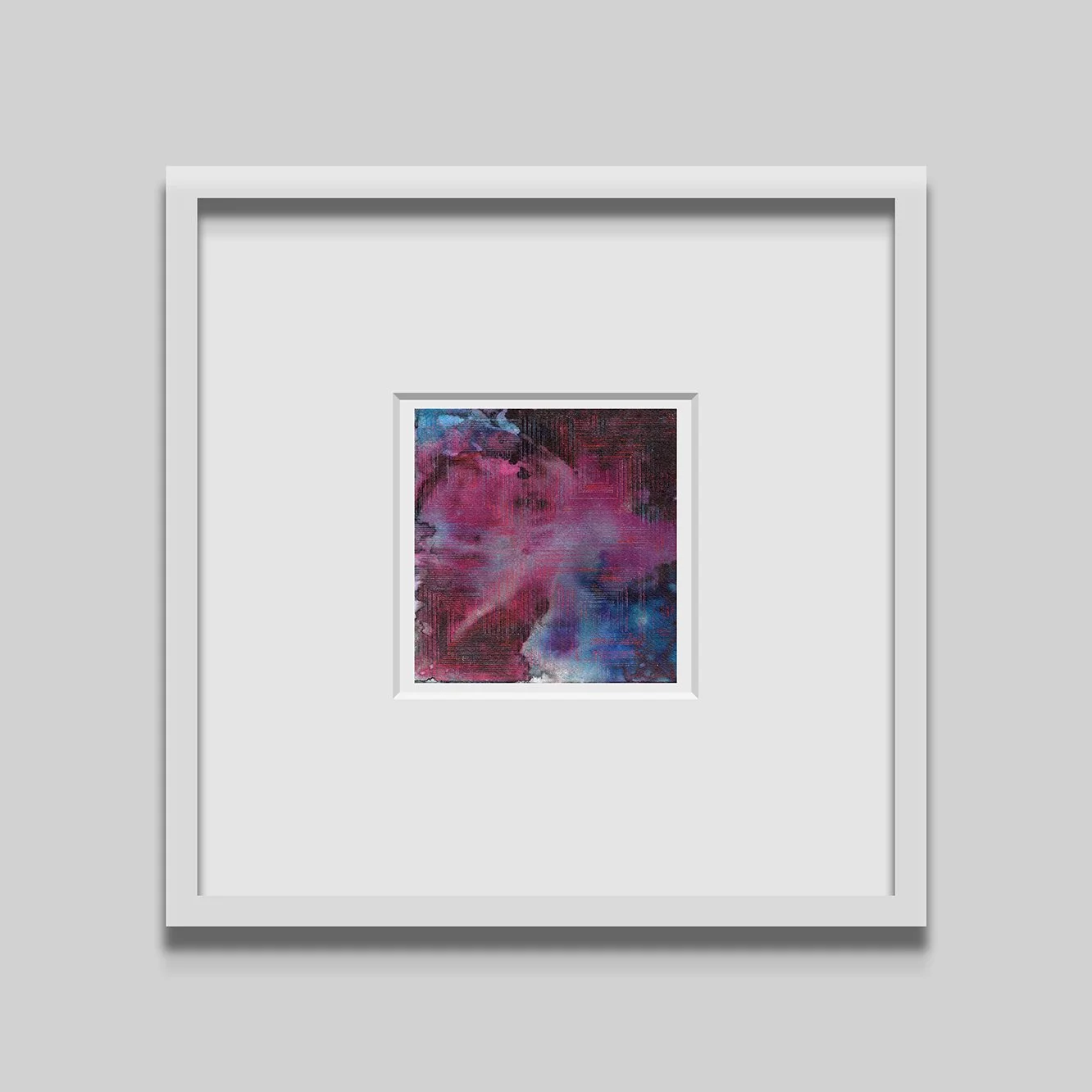Ernesto Ríos. Arte. Una pintura abstracta enmarcada, con tonos predominantes de rosa, azul y negro.
