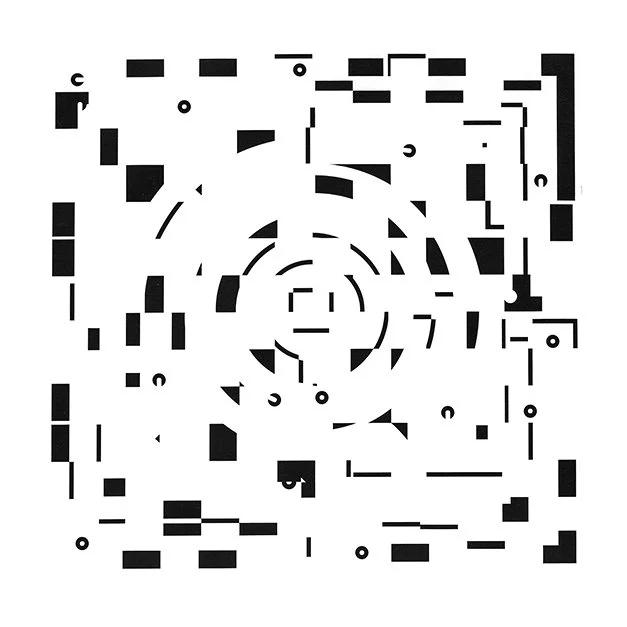 Código QR en blanco y negro con diseño geométrico abstracto.