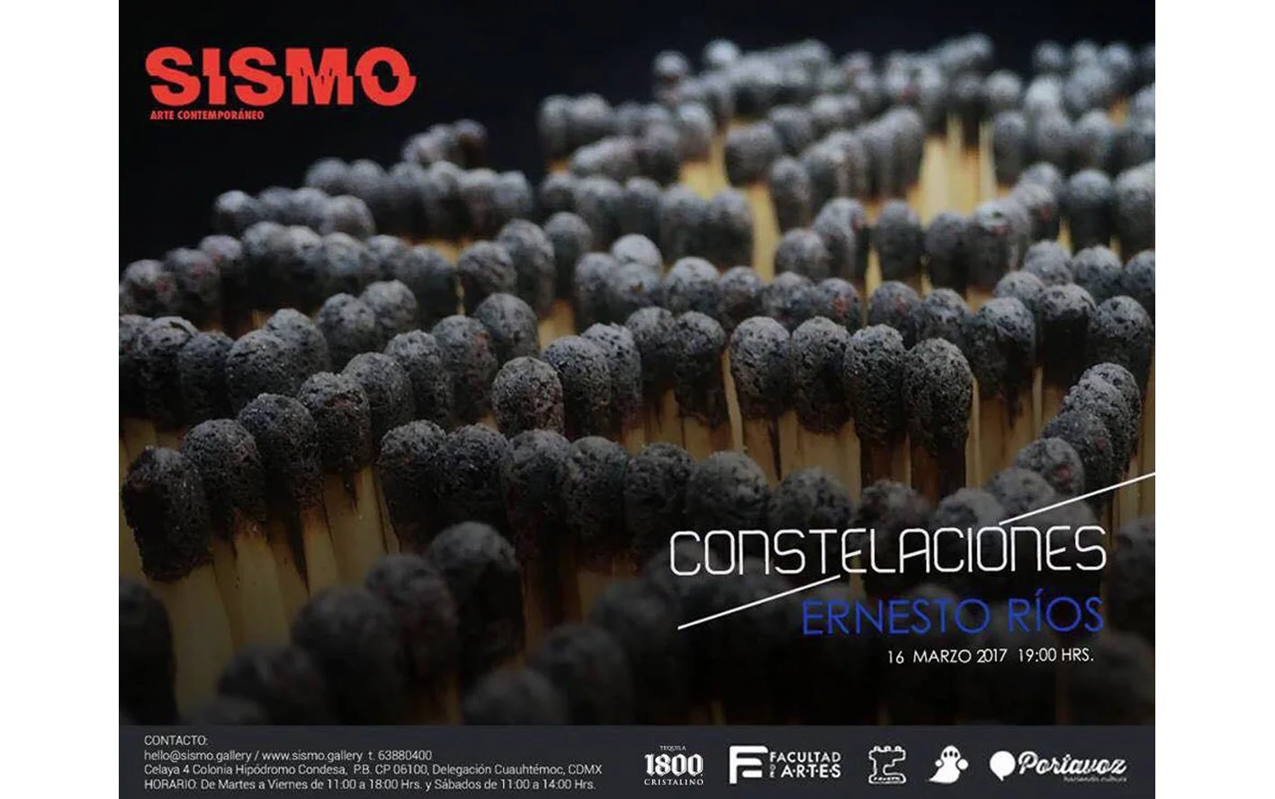 Pólvora en la oscuridad, promocional para exposición artística llamada Constelaciones de Ernesto Ríos, 16 de marzo de 2017 a las 7 de la noche.
