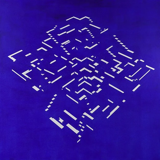 Arte abstracto en fondo azul con líneas y formas geométricas blancas.