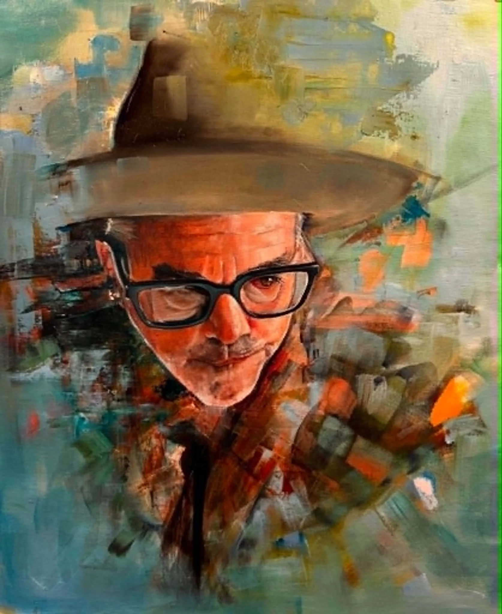A digitally painted portrait of a man with glasses wearing a military helmet, set against an abstract colorful background.