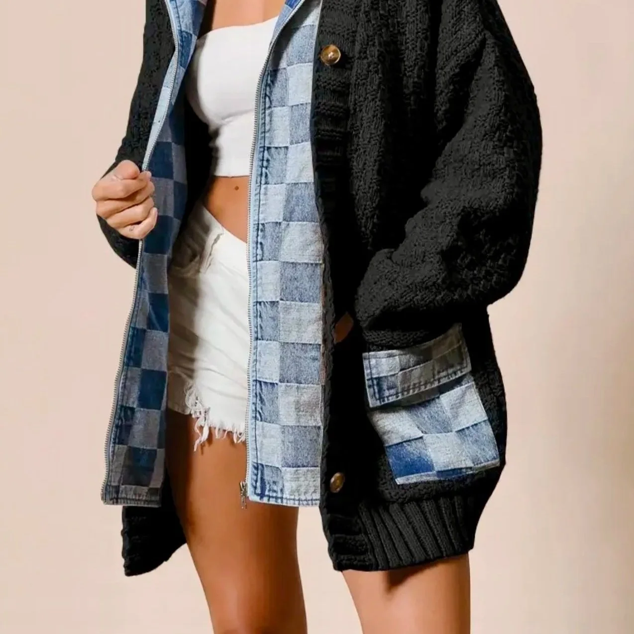 BiBi - Washed Checker Denim Zip Up Cardigan