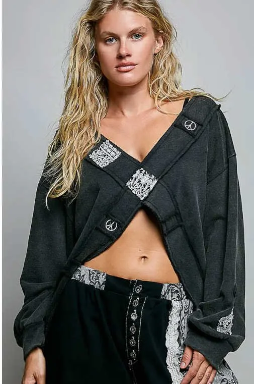 V-Neck Crochet Patch Cross Wrap Cropped Terry Top - BLACK