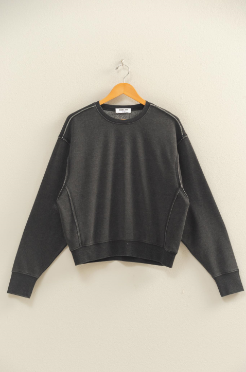 Raw Edge Detail Burnout Sweatshirt - BLACK