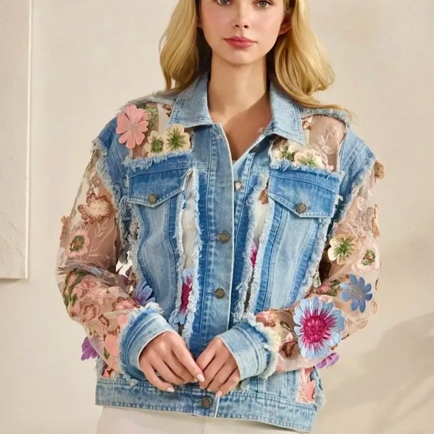 Veveret - Denim Jacket with Floral Organza Inset