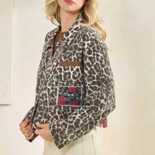 Veveret - Leopard & Rose Denim Jacket With Floral Contrast