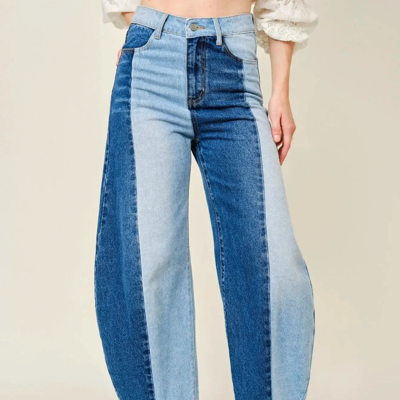 blue b - Contrast Panel Barrel Leg Jeans