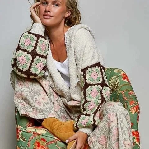 POL- Granny Square Crochet Sleeve Berber Knit Hooded Cardigan