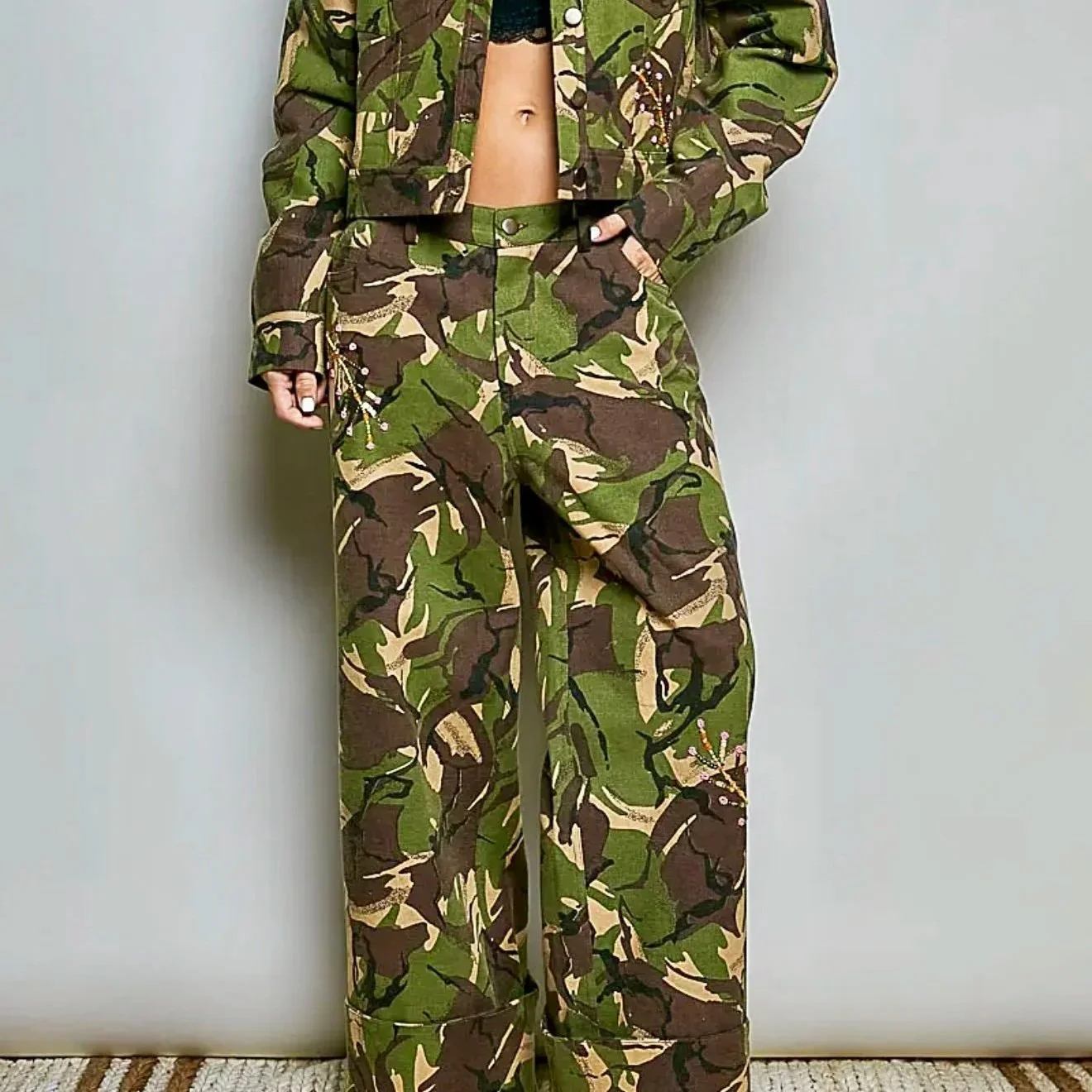 POL Floral Embroidered Woven Twill Jacket & Wide-Leg Pants