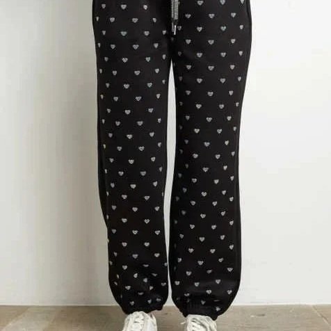 Kiwi - Rhinestone Hearts Elastic Waist Sweatpants Joggers