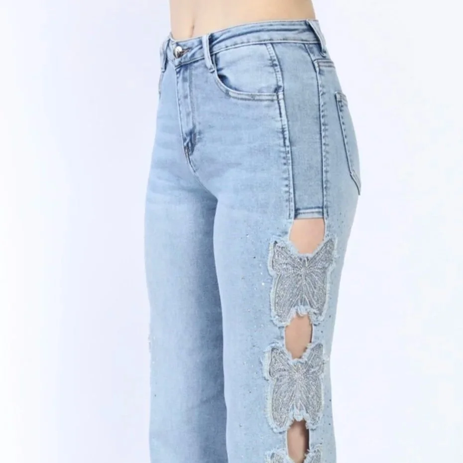 Nina Rossi Jeans - Butterfly Embellished Denim Jeans