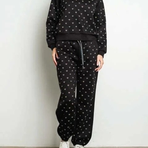 Kiwi - Rhinestone Hearts Elastic Waist Sweatpants Joggers
