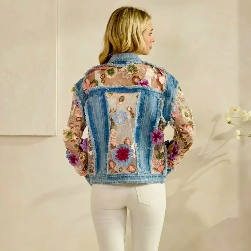 Veveret - Denim Jacket with Floral Organza Inset