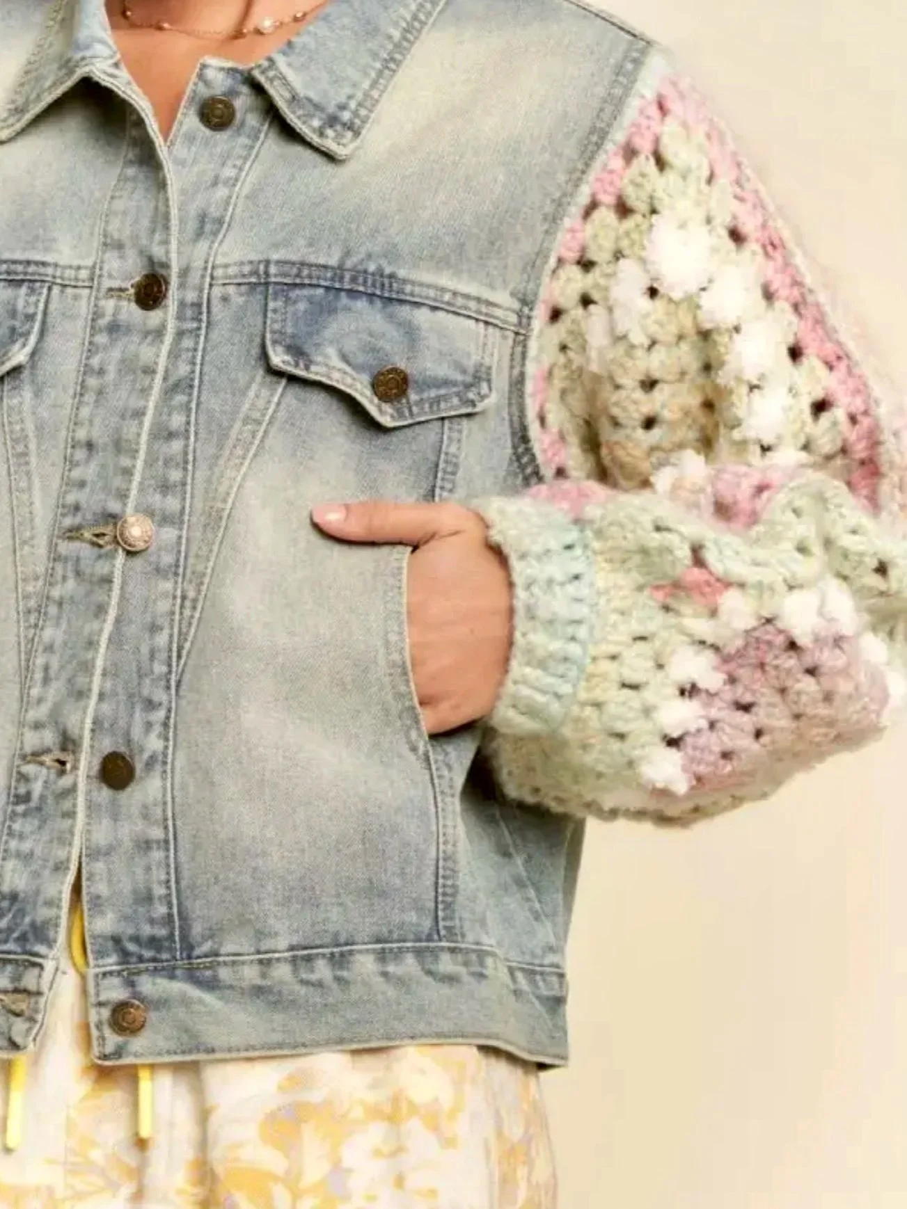 DAVI & DANI - Crochet Granny Square Sleeve Denim Jacket