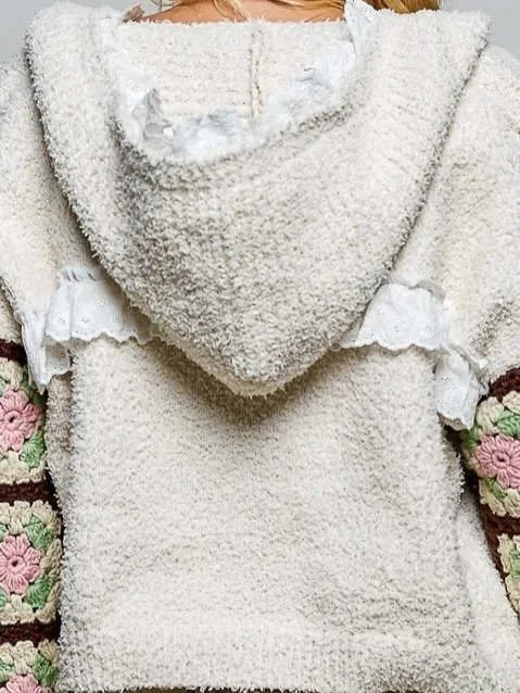POL- Granny Square Crochet Sleeve Berber Knit Hooded Cardigan