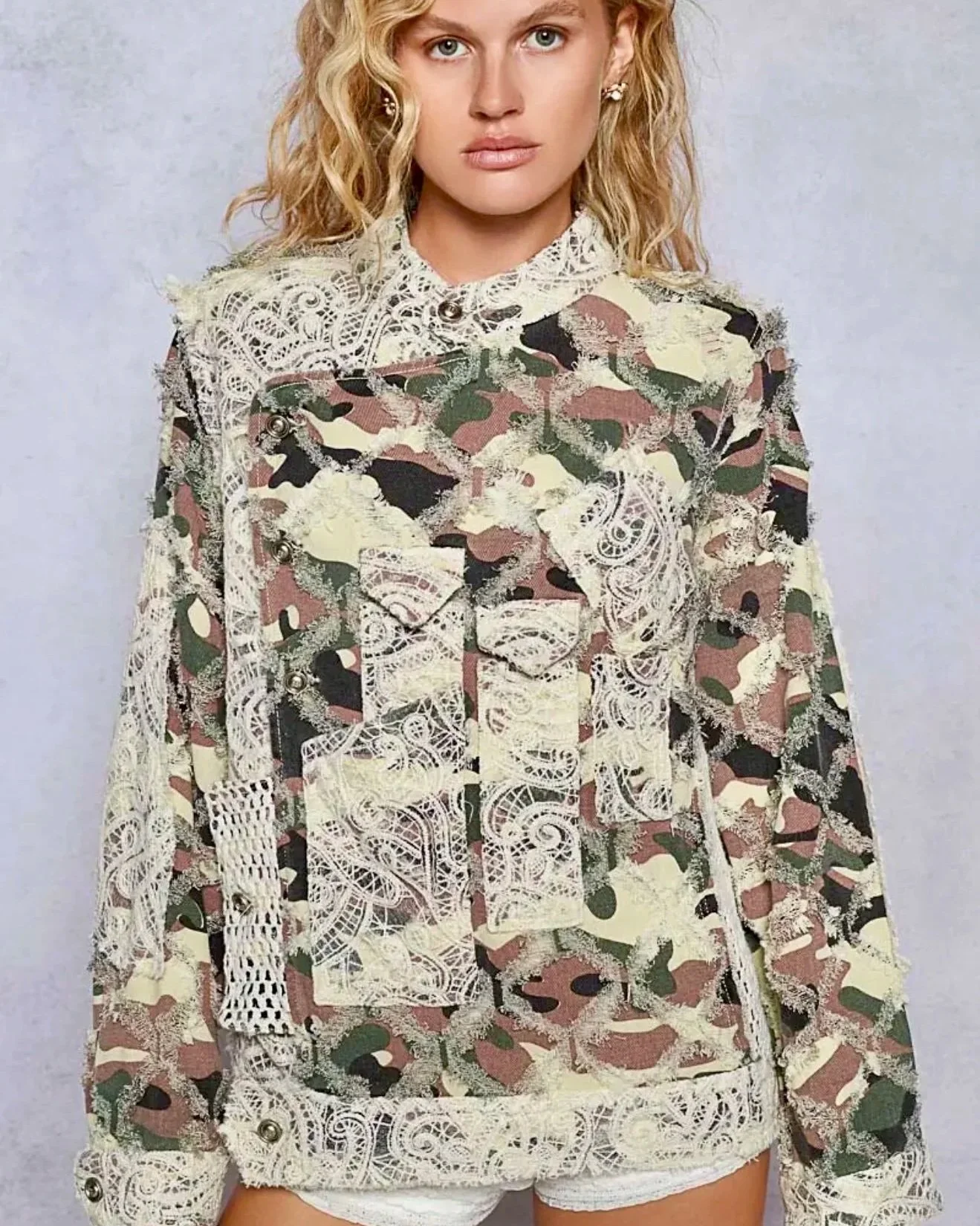POL - Lace Trimmed Camo Motorcycle Jacket