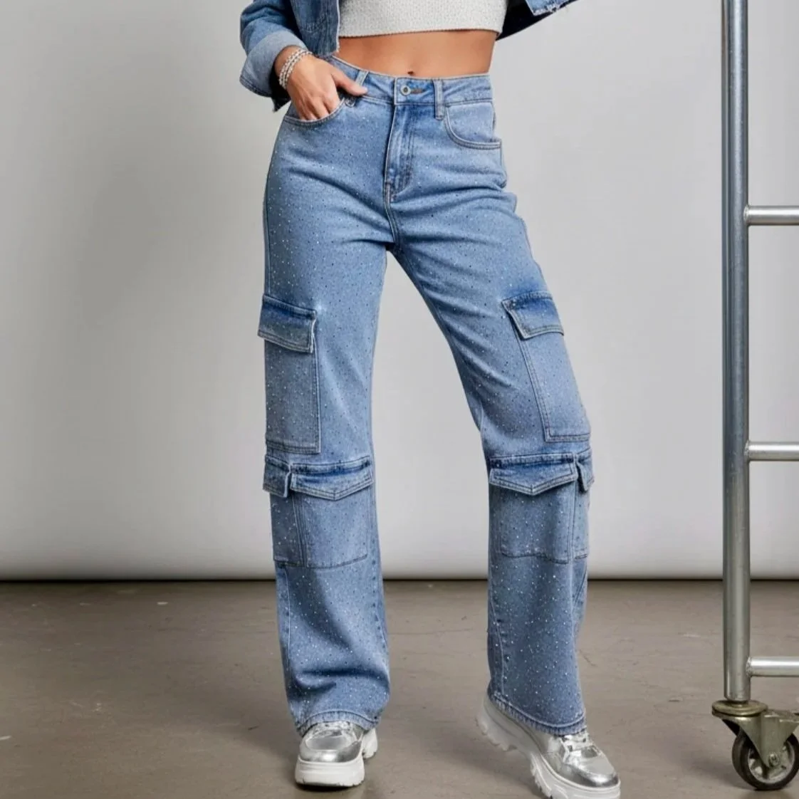 Nina Rossi Jeans - Full Stone Embellished Cargo Denim Pants