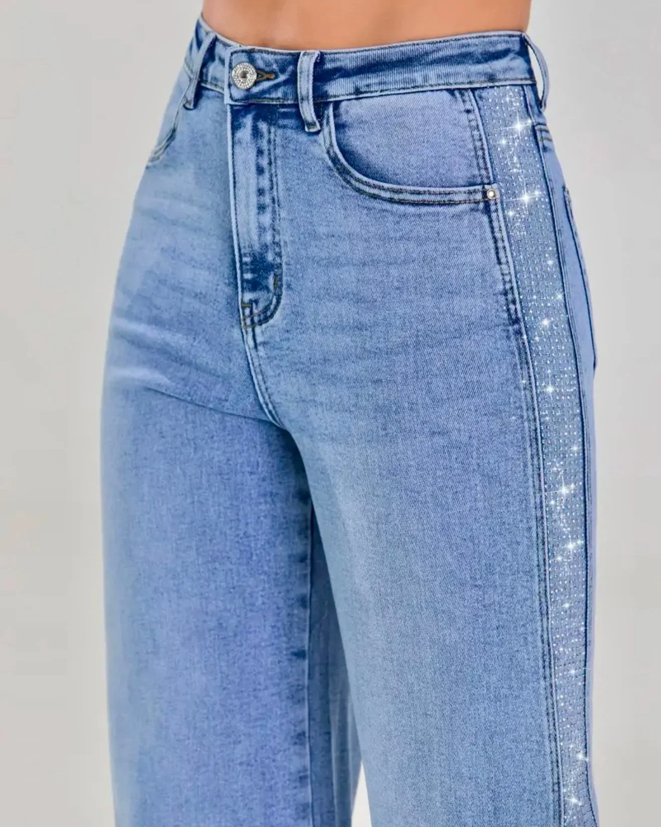 Nina Rossi Jeans - Stone Embellished Stripe Denim Jeans