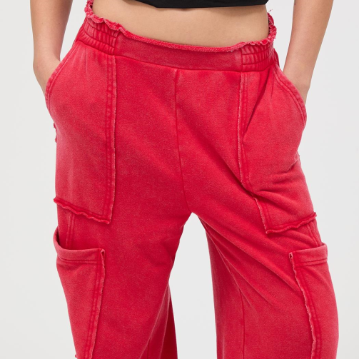Mineral Wash Wide Leg Cargo Pants - RED