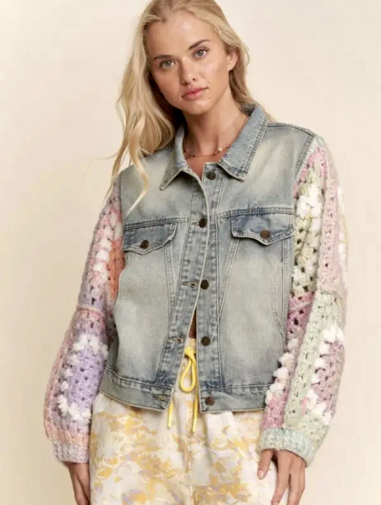 Crochet Granny Square Sleeve Denim Jacket