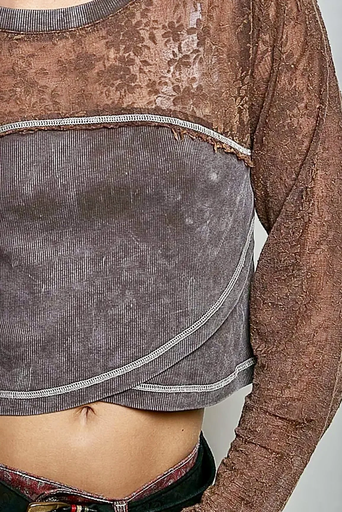 POL - Semi-Sheer Textured Lace Vintage-Wash Crop Rib Knit Top