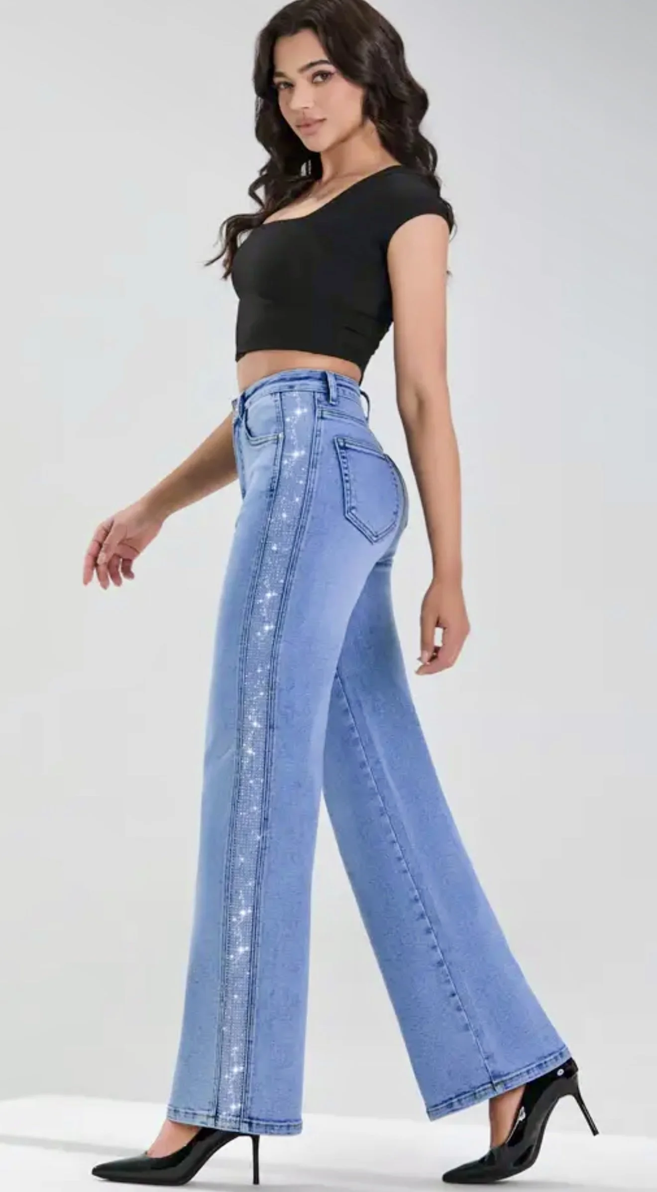 Nina Rossi Jeans - Stone Embellished Stripe Denim Jeans