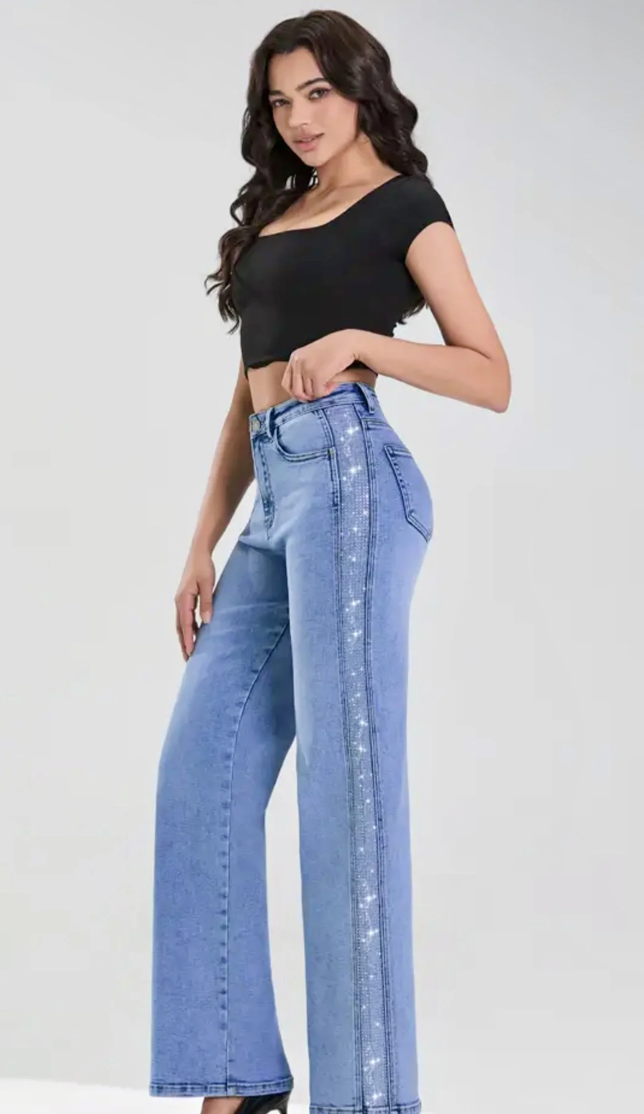 Nina Rossi Jeans - Stone Embellished Stripe Denim Jeans