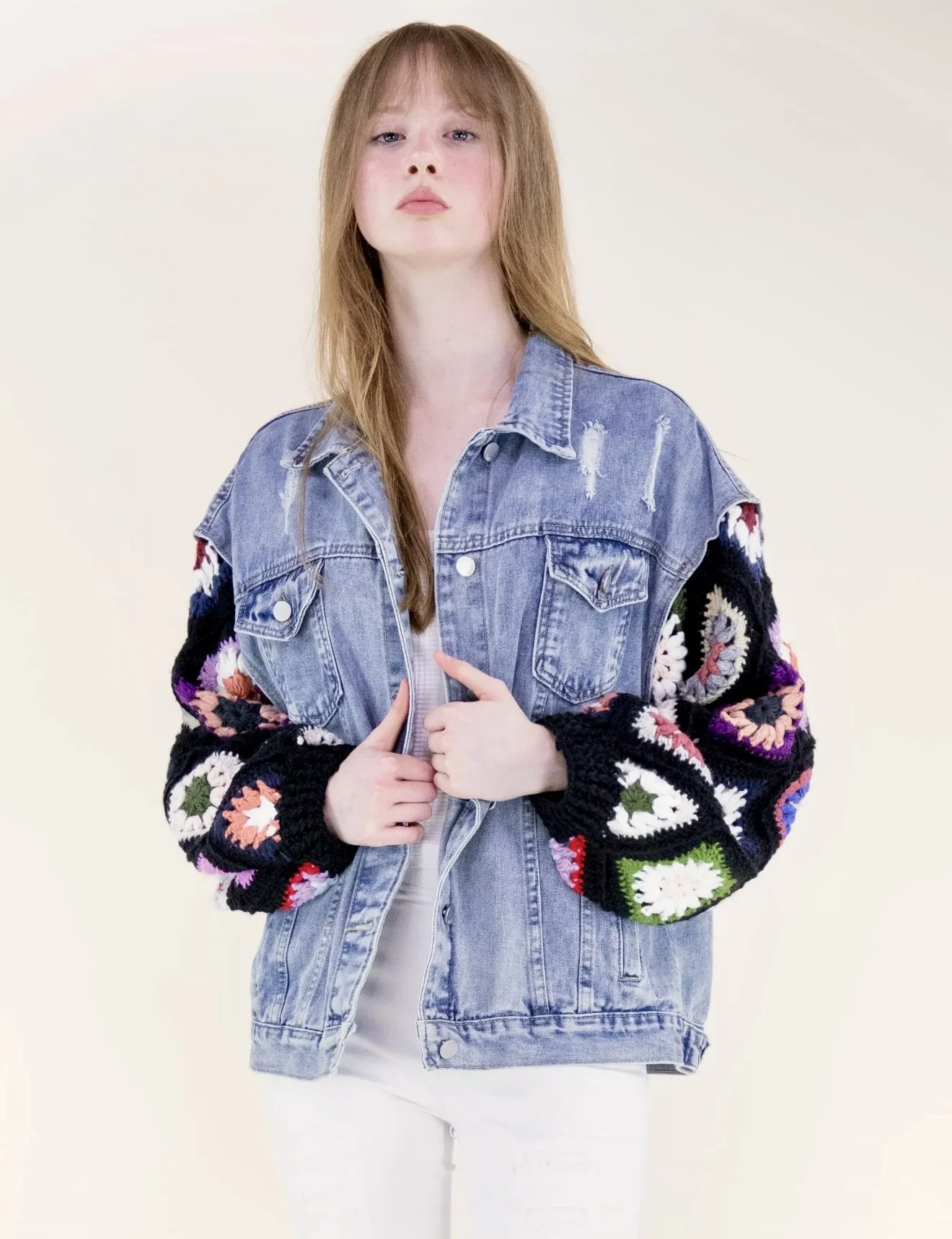 Boho Handmade Crochet Sleeves Denim Jacket