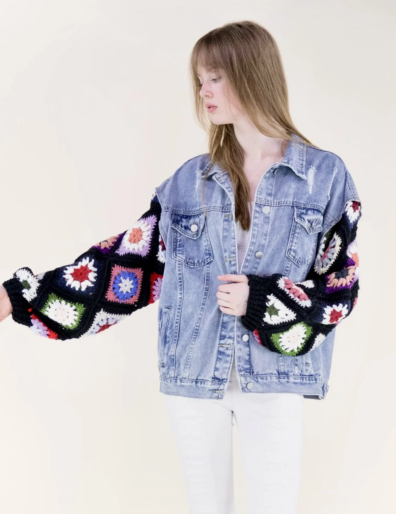 Original USA - Boho Handmade Crochet Sleeves Denim Jacket