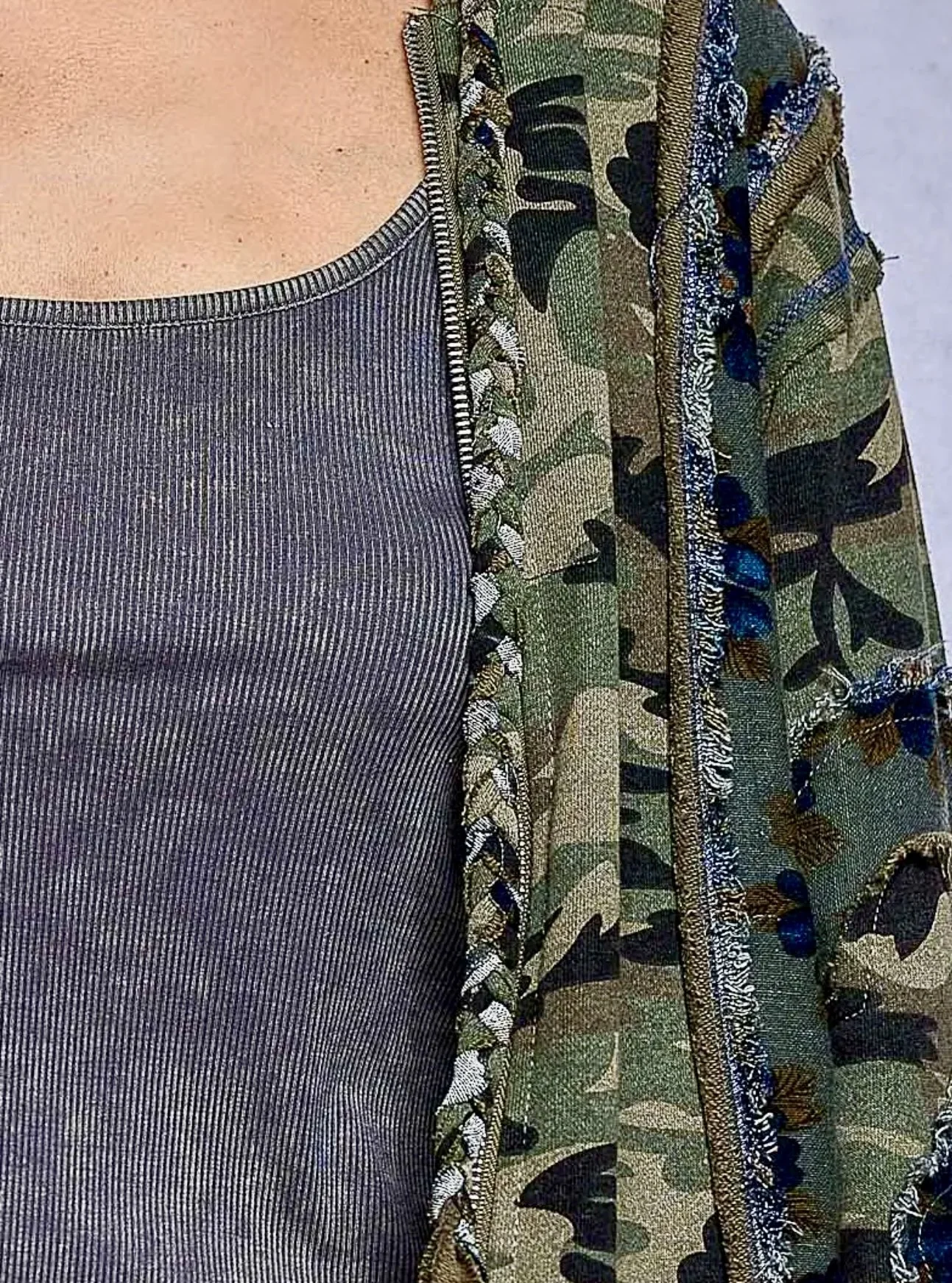 POL - Vintage Camouflage Floral Patchwork Zip Hoodie & Frayed Wide Leg Pants Set