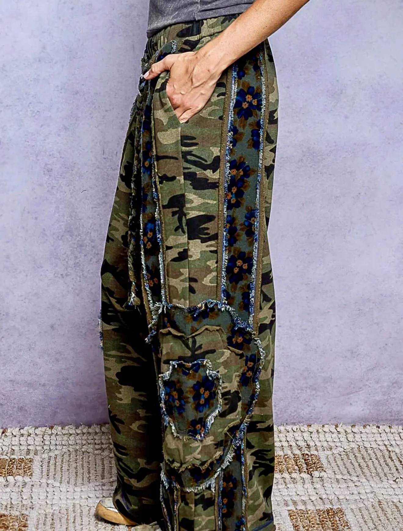 POL - Vintage Camouflage Floral Patchwork Zip Hoodie & Frayed Wide Leg Pants Set