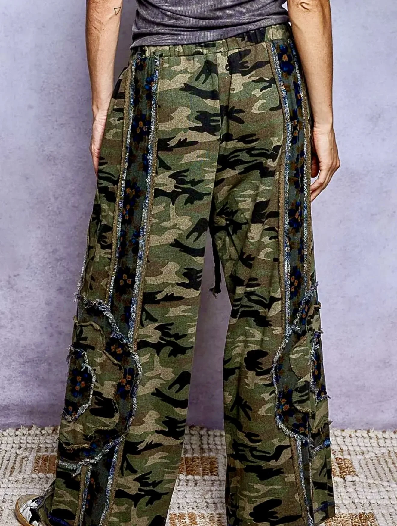 POL - Vintage Camouflage Floral Patchwork Zip Hoodie & Frayed Wide Leg Pants Set