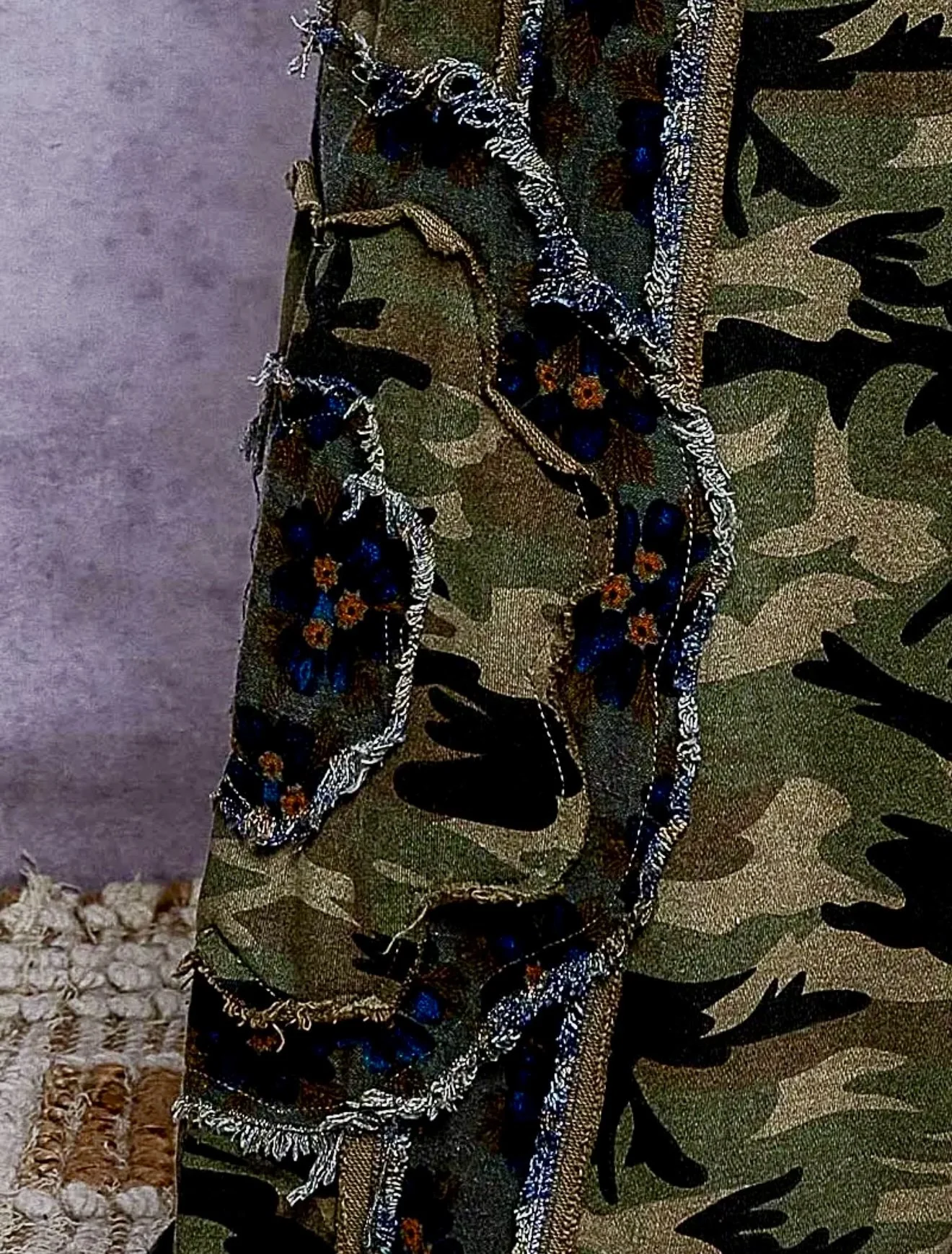 POL - Vintage Camouflage Floral Patchwork Zip Hoodie & Frayed Wide Leg Pants Set