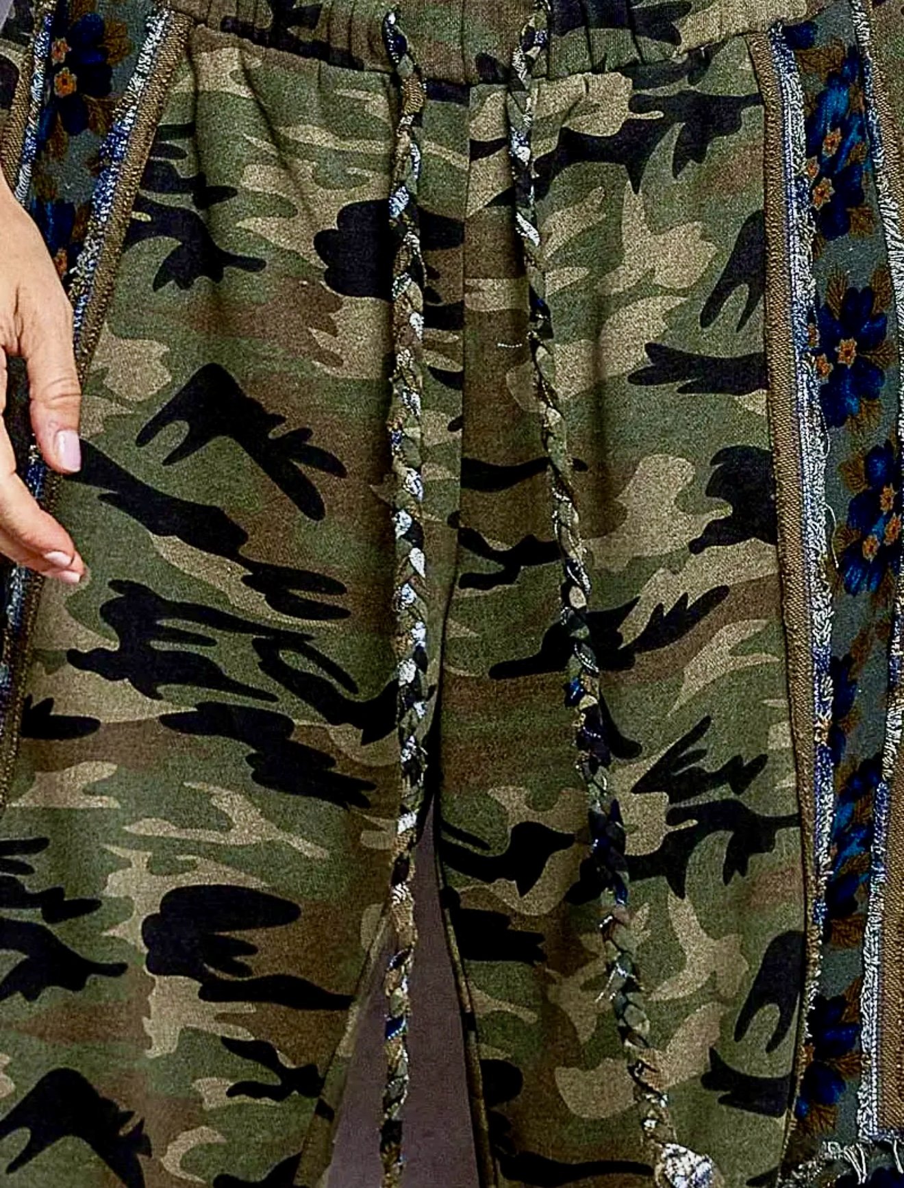 POL - Vintage Camouflage Floral Patchwork Zip Hoodie & Frayed Wide Leg Pants Set
