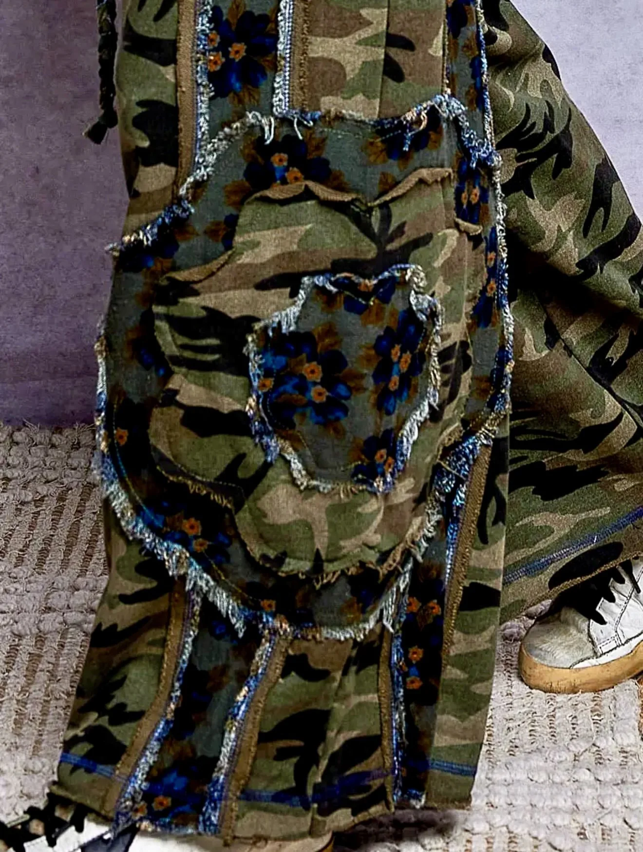 POL - Vintage Camouflage Floral Patchwork Zip Hoodie & Frayed Wide Leg Pants Set