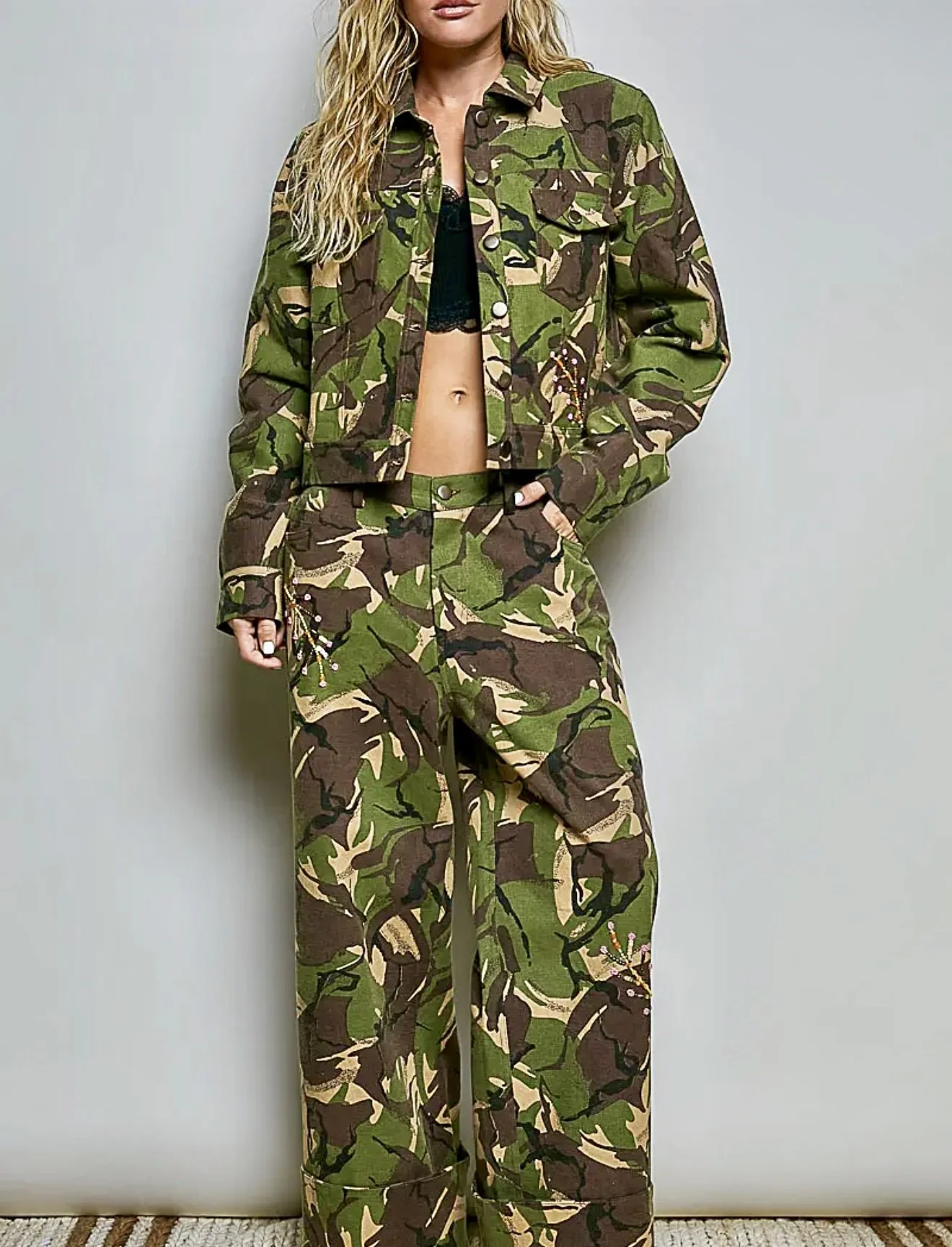 POL Floral Embroidered Woven Twill Jacket & Wide-Leg Pants