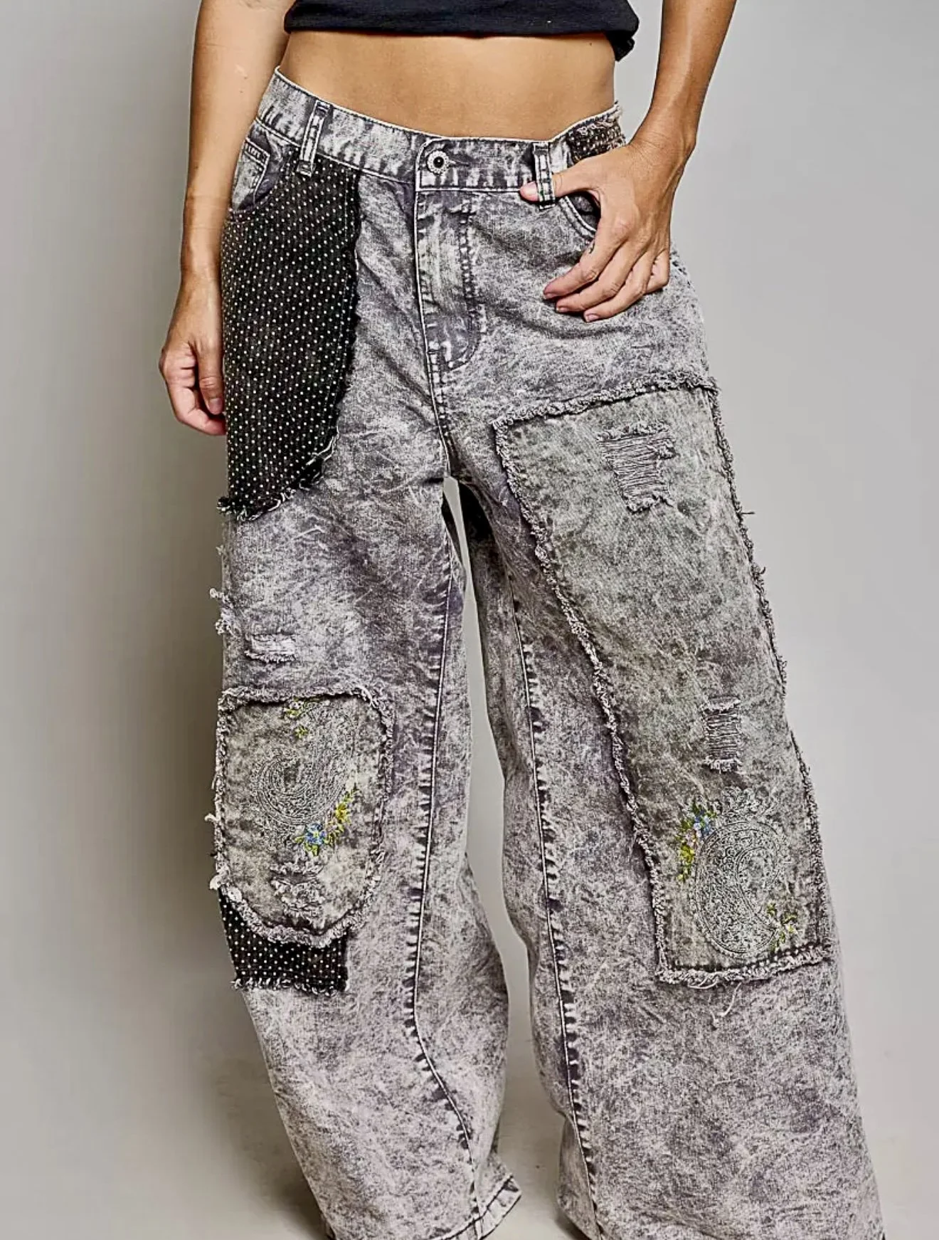 POL - Color Blocked Twill Back Elastic Band High Rise Wide Pants