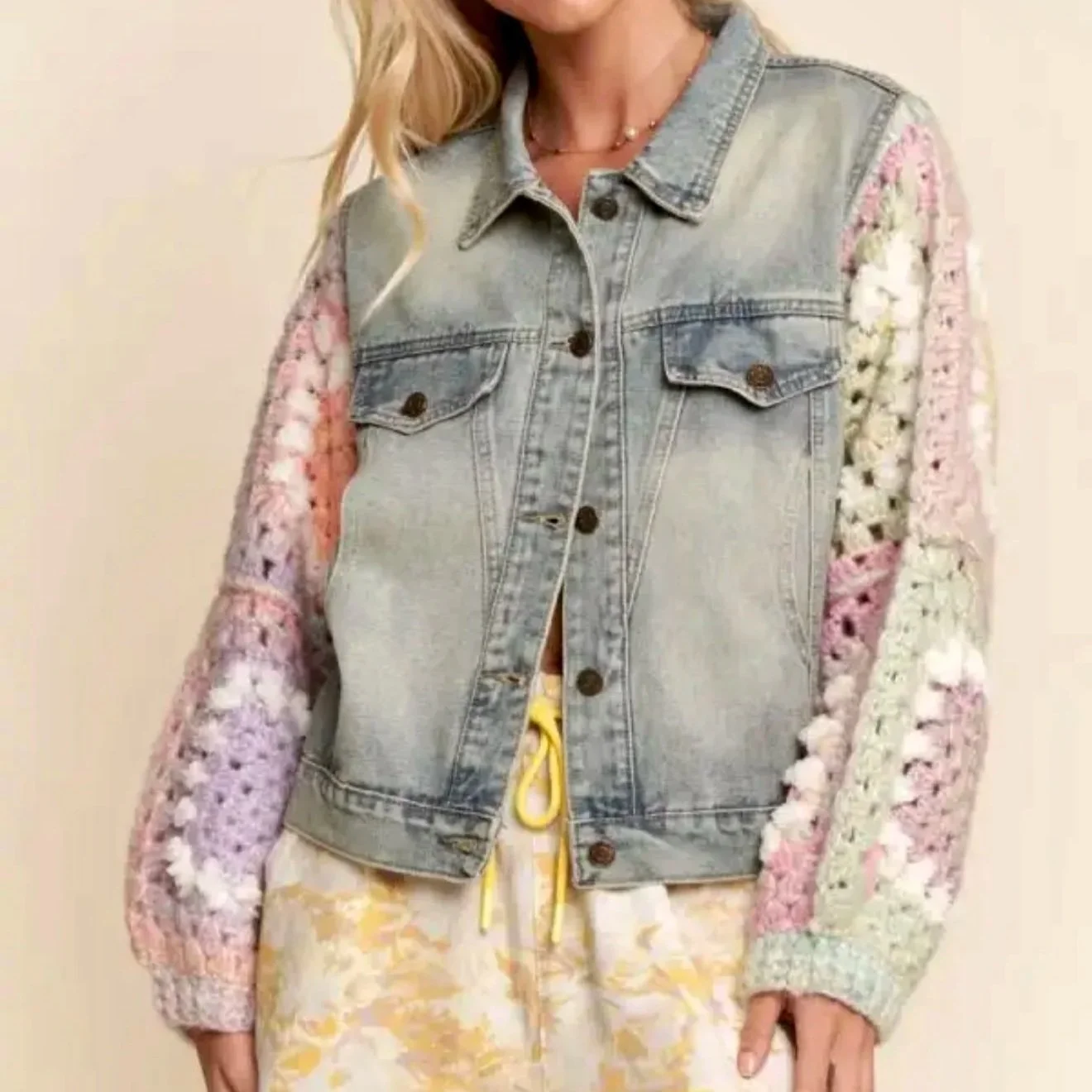 DAVI & DANI - Crochet Granny Square Sleeve Denim Jacket