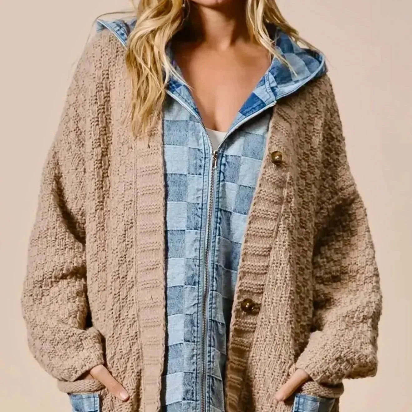 BiBi - Washed Checker Denim Zip Up Cardigan
