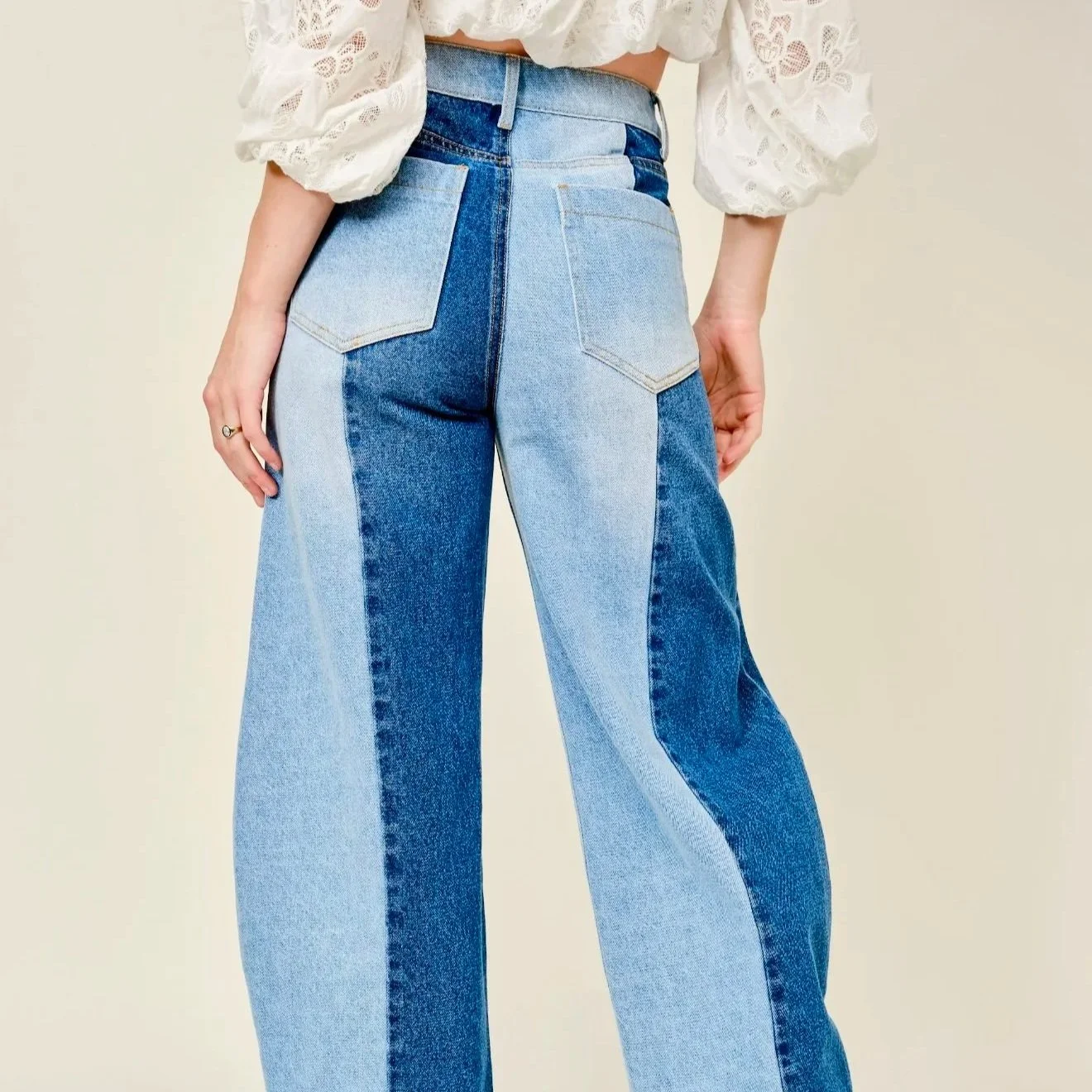 blue b - Contrast Panel Barrel Leg Jeans