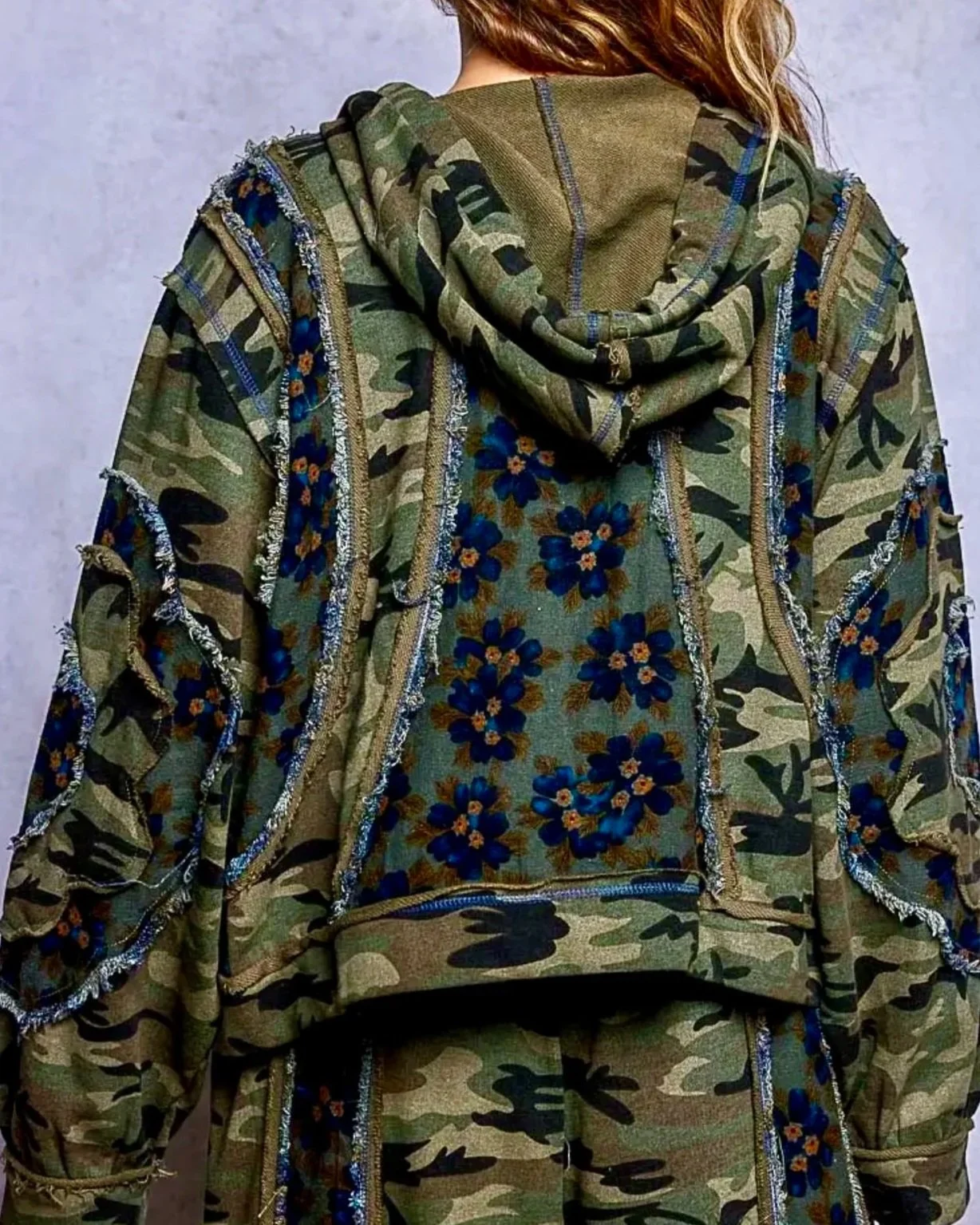 POL - Vintage Camouflage Floral Patchwork Zip Hoodie & Frayed Wide Leg Pants Set