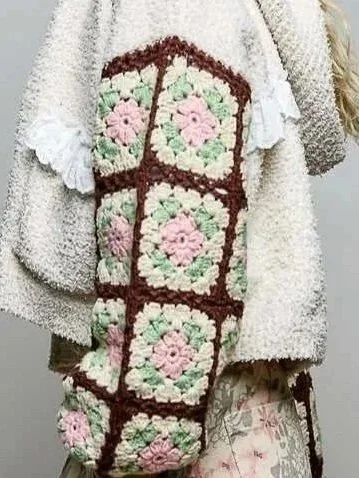 POL- Granny Square Crochet Sleeve Berber Knit Hooded Cardigan