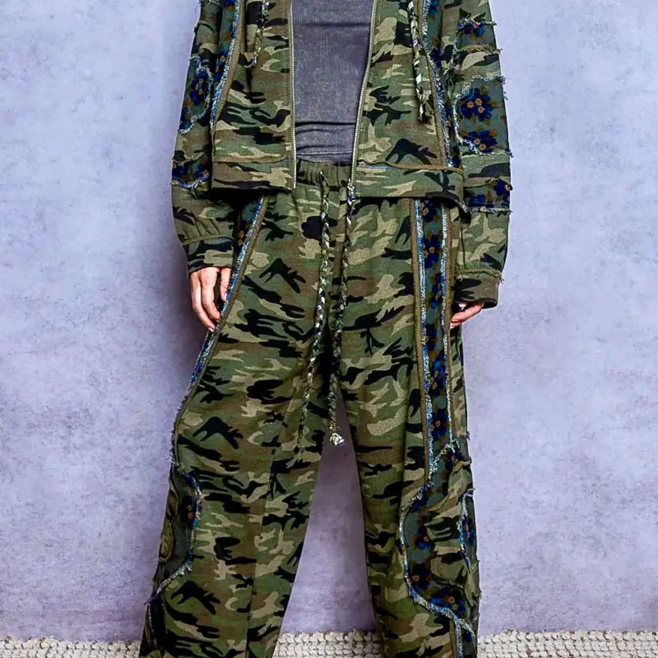 POL - Vintage Camouflage Floral Patchwork Zip Hoodie & Frayed Wide Leg Pants Set