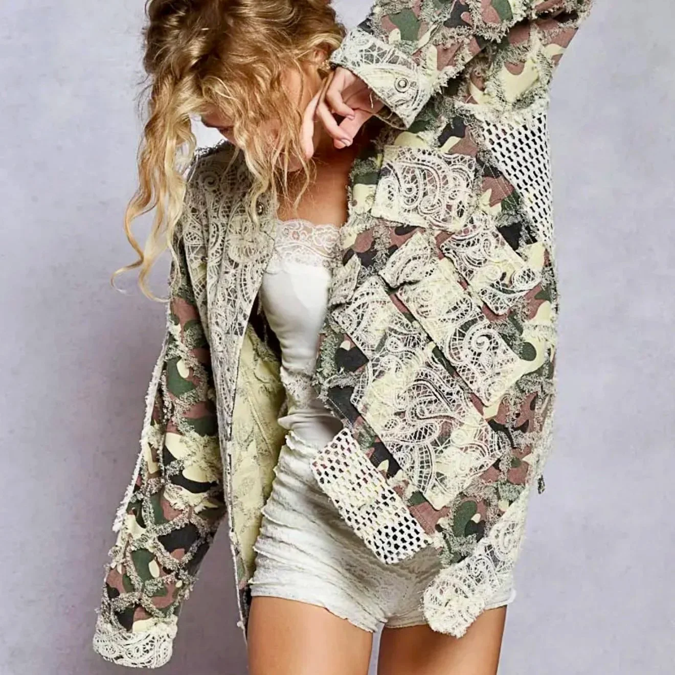 POL - Lace Trimmed Camo Motorcycle Jacket