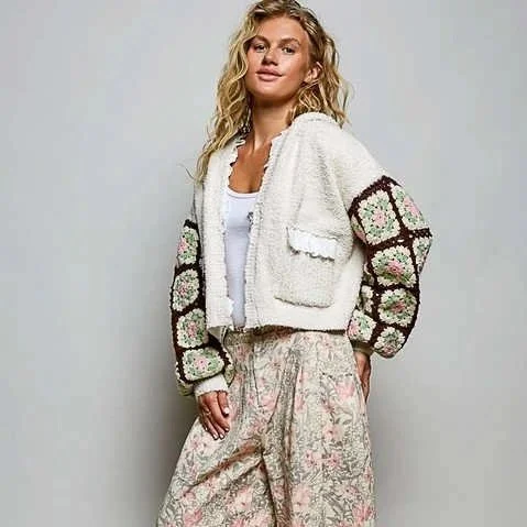 POL- Granny Square Crochet Sleeve Berber Knit Hooded Cardigan